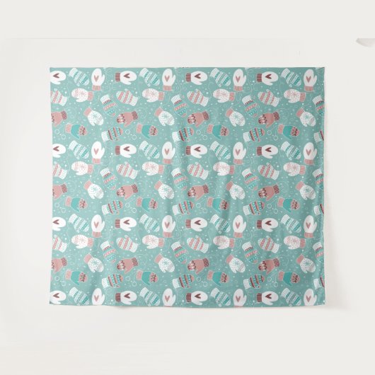Gezellige Winter Kerst wanten Patroon in Mint Wandkleed (Voorkant (horizontaal))