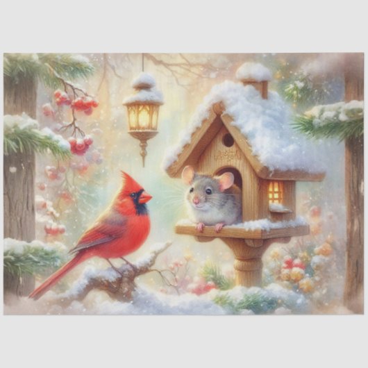 Gezellige Winter Mouse Kardinaal Winter Forest Dec Tissuepapier (Voorkant)