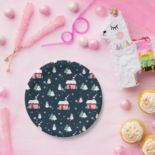 Gezellige Winter Night Village en Sneeuwmannen Papieren Bordje (Feest)