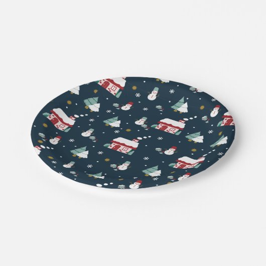 Gezellige Winter Night Village en Sneeuwmannen Papieren Bordje (Gekanteld)