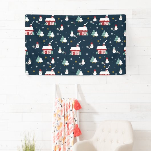 Gezellige Winter Night Village en Sneeuwmannen Spandoek (Insitu)