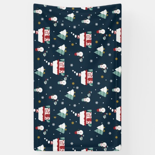 Gezellige Winter Night Village en Sneeuwmannen Spandoek (Verticaal)