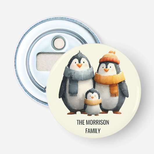 Gezellige Winter Pinguïnfamilie Button Flesopener (Voorkant)