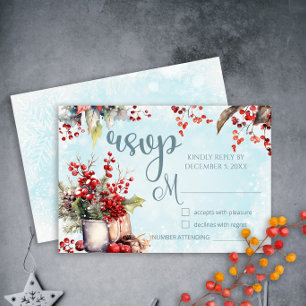 Gezellige Winter Rowan bessen boeket bruiloft RSVP Kaartje