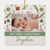 Gezellige Winter Roze Groen Eerste Kerstfoto Keramisch Ornament (Achterkant)
