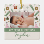 Gezellige Winter Roze Groen Eerste Kerstfoto Keramisch Ornament (Voorkant)