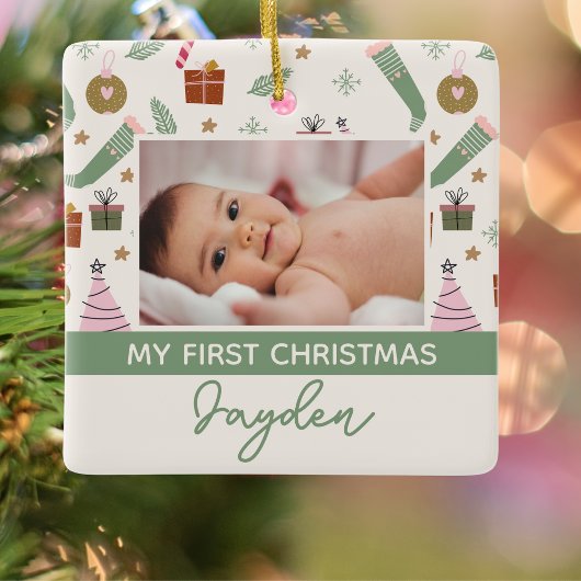 Gezellige Winter Roze Groen Eerste Kerstfoto Keramisch Ornament