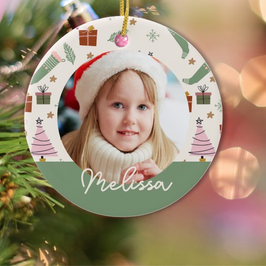Gezellige Winter Roze Groene Kerstfoto Keramisch Ornament