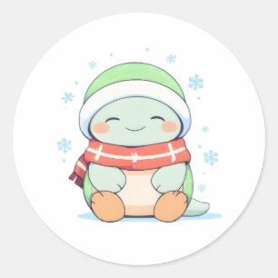 Gezellige Winter Schildpad met Sjaal Kawaii Ontwer Ronde Sticker