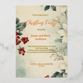 Gezellige winter sneeuw groen kerstfeest folie uitnodiging (Voorkant)