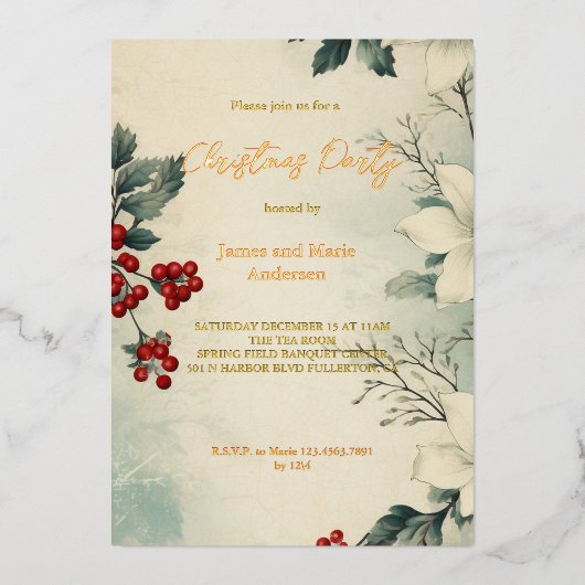 Gezellige winter sneeuw groen kerstfeest folie uitnodiging (Voorkant)