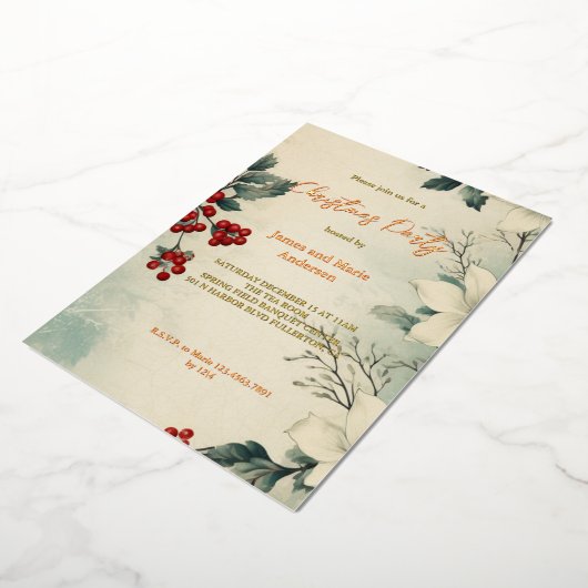 Gezellige winter sneeuw groen kerstfeest folie uitnodiging (Gedraaid)