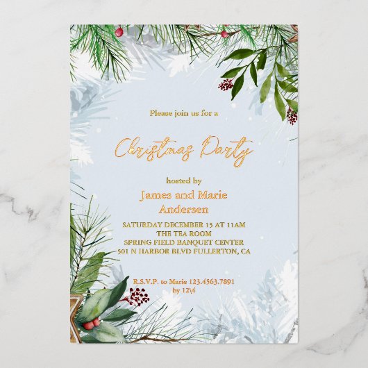 Gezellige winter sneeuw groen kerstfeest folie uitnodiging (Voorkant)