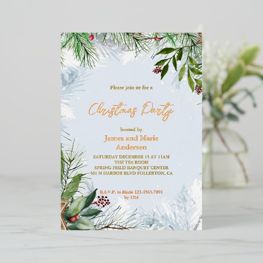 Gezellige winter sneeuw groen kerstfeest folie uitnodiging (Staand Voorkant)