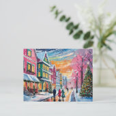 Gezellige Winter Street Scene Moderne Kunst Briefkaart (Staand voorkant)
