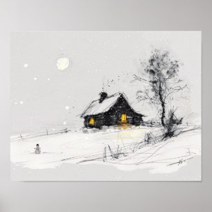 Gezellige winter vakantiesfeer met sneeuwman en hu poster