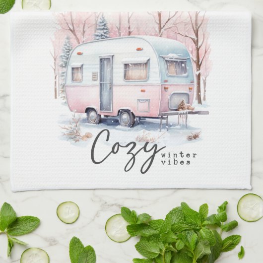 Gezellige Winter Vibes Roze Pastel Camper Kerstmis Theedoek (Gevouwen)