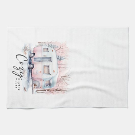 Gezellige Winter Vibes Roze Pastel Camper Kerstmis Theedoek (Horizontaal)