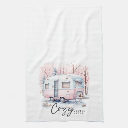 Gezellige Winter Vibes Roze Pastel Camper Kerstmis Theedoek (Verticaal)