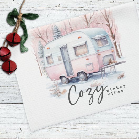 Gezellige Winter Vibes Roze Pastel Camper Kerstmis Theedoek