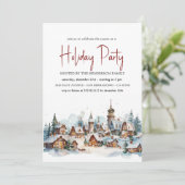Gezellige Winter Village Holiday Party Invitat Kaart (Staand voorkant)