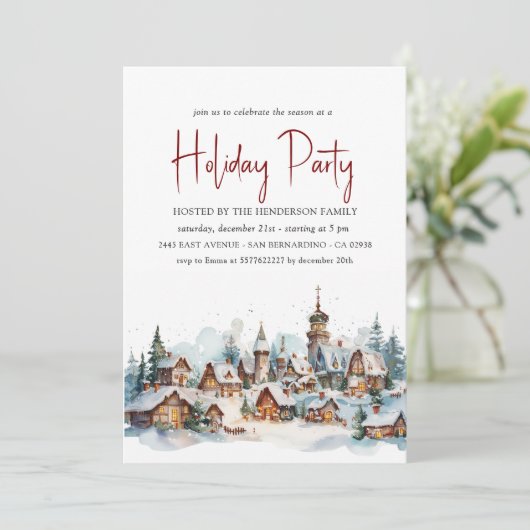 Gezellige Winter Village Holiday Party Invitat Kaart (Staand voorkant)