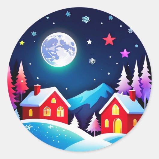 Gezellige winteravond dorpsscène ronde sticker (Voorkant)