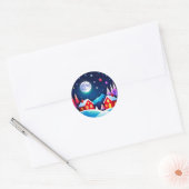Gezellige winteravond dorpsscène ronde sticker (Envelop)