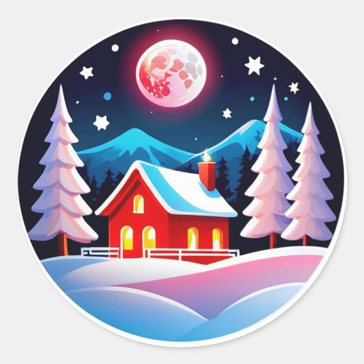 Gezellige winteravond dorpsscène ronde sticker (Voorkant)