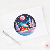 Gezellige winteravond dorpsscène ronde sticker (Envelop)