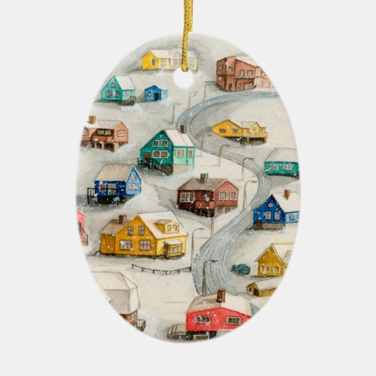Gezellige Winterdorp Kunst Keramisch Ornament (Voorkant)