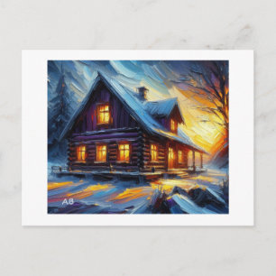 Gezellige Winterhut bij Zonsondergang, Briefkaart