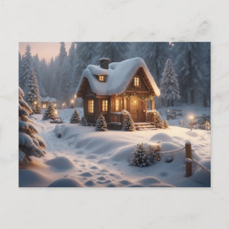 Gezellige winterhut in het bos briefkaart