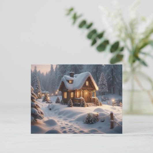 Gezellige winterhut in het bos briefkaart (Staand voorkant)