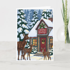 Gezellige winterhut met hertenfamilie  kaart