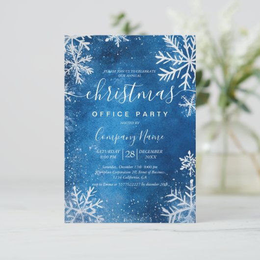 Gezellige Witte Sneeuwvlokken Blauwe Kerst Kantoor Kaart (Staand voorkant)