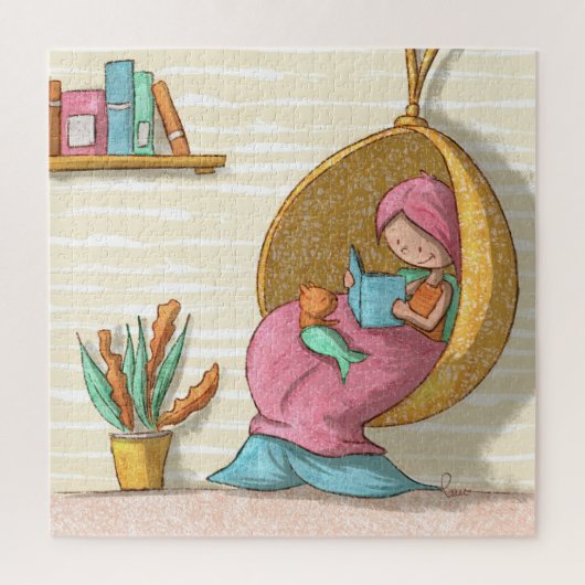 Gezellige zeemeermin lezen met kat zeemeermin geïl legpuzzel (Verticaal)