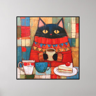 Gezellige zwarte kat drinkt koffie in café canvas afdruk