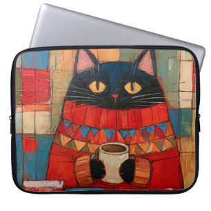 Gezellige zwarte kat drinkt koffie in café laptop sleeve