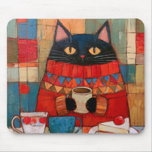 Gezellige zwarte kat drinkt koffie in café muismat