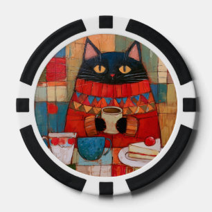 Gezellige zwarte kat drinkt koffie in café poker chips