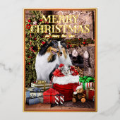  gezelschapsdieren kerstavond, ruw collie familie  folie feestdagenkaart (Voorkant)