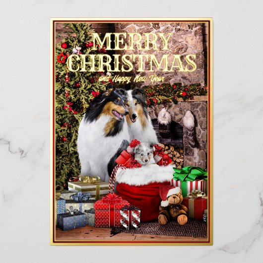  gezelschapsdieren kerstavond, ruw collie familie  folie feestdagenkaart (Voorkant)