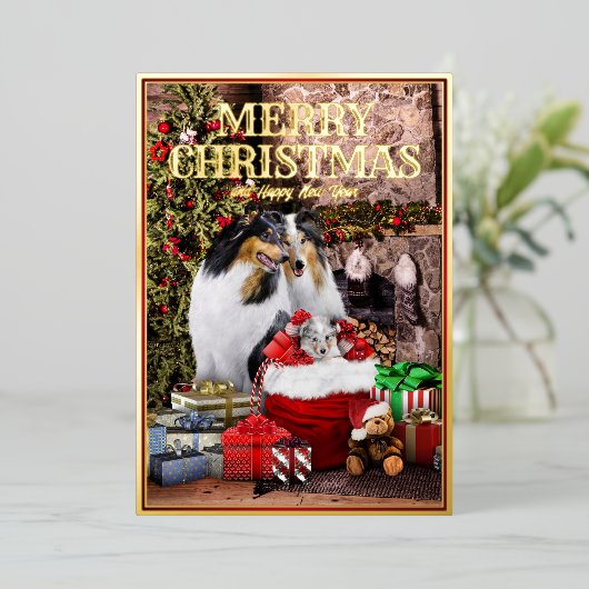  gezelschapsdieren kerstavond, ruw collie familie  folie feestdagenkaart (Staand Voorkant)