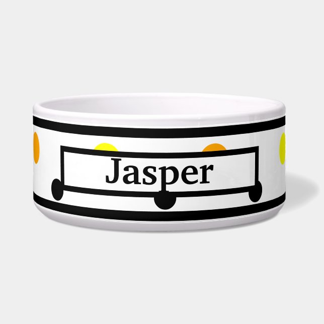 Gezelschapsnaam Oranje Geel Zwart Polka Dots Bowl Voerbakje (Voorkant)