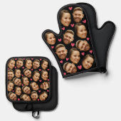 Gezicht aangepaste foto met hart paar zwart ovenwant & pannenlap set (Voorkant / Achterkant)
