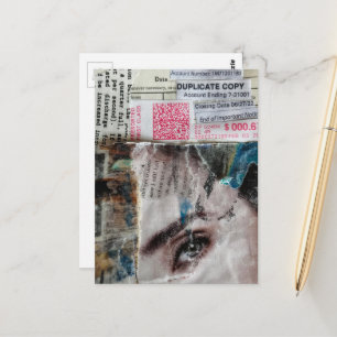 Gezicht en abstracte mixed media collage met reken briefkaart