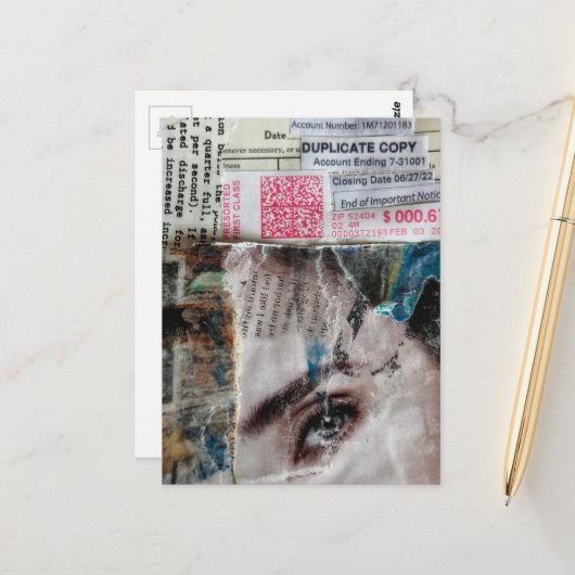 Gezicht en abstracte mixed media collage met reken briefkaart (Voorkant / Achterkant in situ)