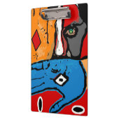 gezicht en handen in blauw en oranje klembord (Links)