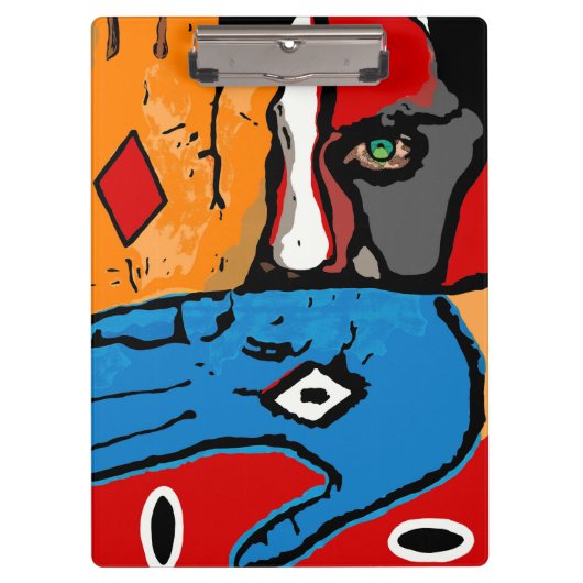 gezicht en handen in blauw en oranje klembord (Voorkant)